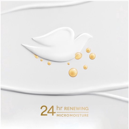 Dove logo met druppels. 24 uur RENEWING MICROMOISTURE.