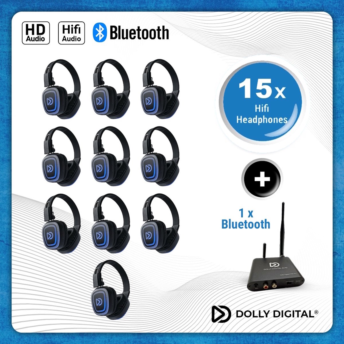 Silent Disco Pro Box 15 +Bluetooth | 15 HiFi Headsets FD-Pro, Bluetooth zender T80-Pro, Storage Box | DOLLY DIGITAL©