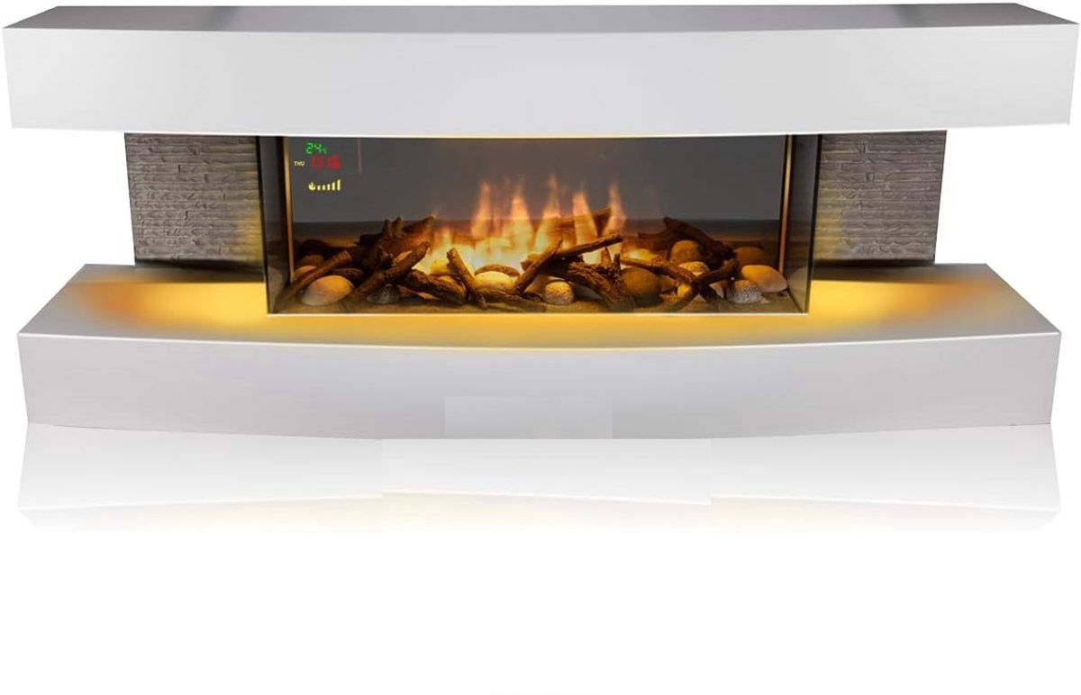 Elektrische open haard Medahomestore Montreal 2000W – Vrijstaand, Decoratieve Haard met LED Vlammen, Instelbare Thermostaat, Afstandsbediening – 120x30x45 cm, Witte Modern Design Haard voor Huiskamer