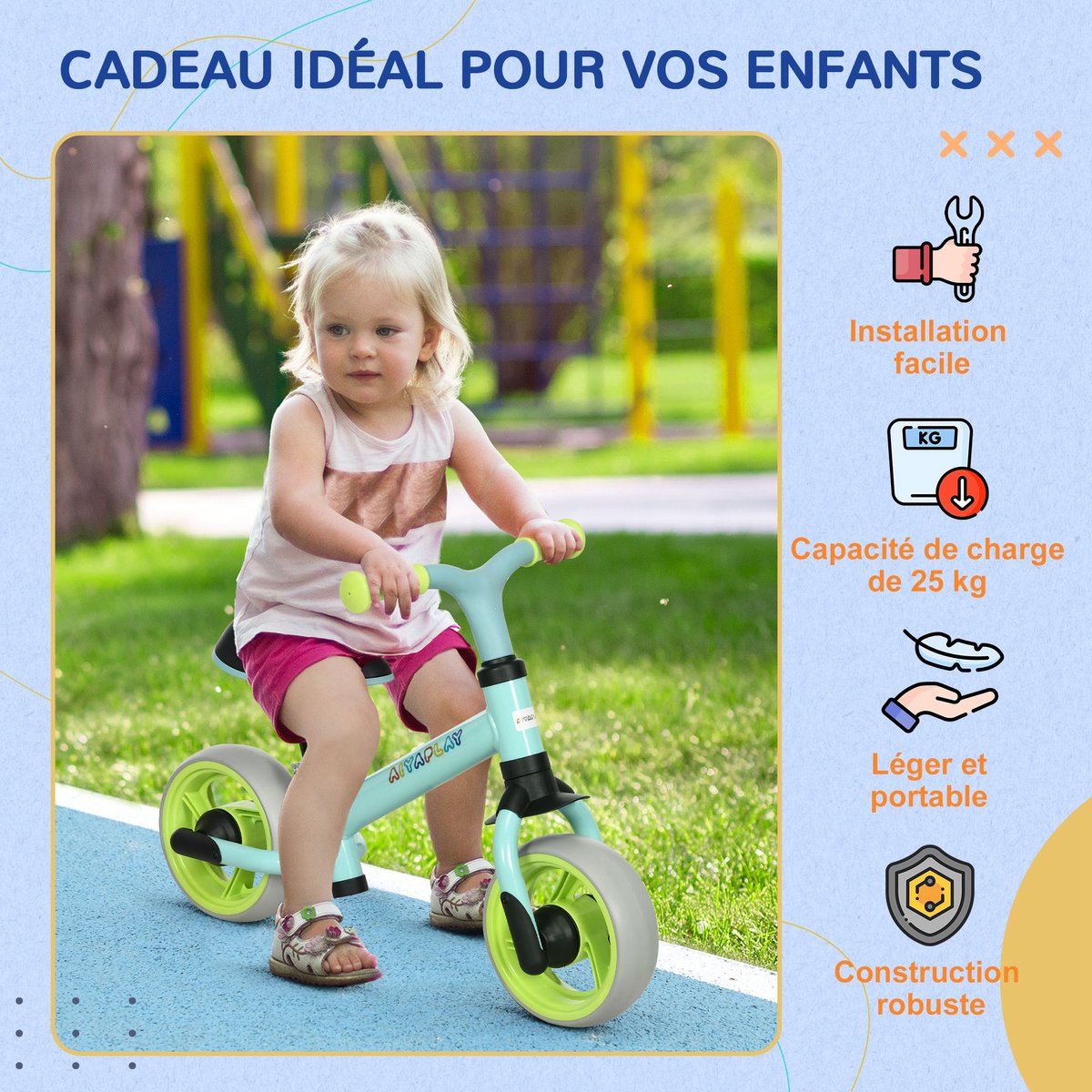 AIYAPLAY Kinderloopfiets - Staal - 66,5x34x47cm - Groen