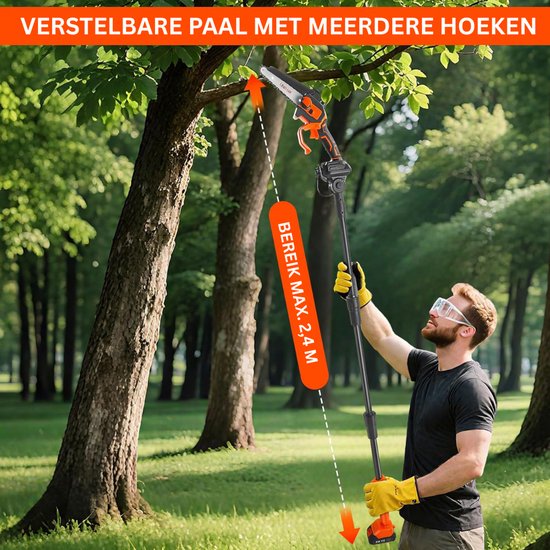 White-Label® Telescopische Snoeischaar - Mini Kettingzaag - Heggenschaar - Takkenschaar - Takkenzaag - Elektrische Snoeizaag met Accu - Zwart en Oranje van White-Label® — afbeelding 2