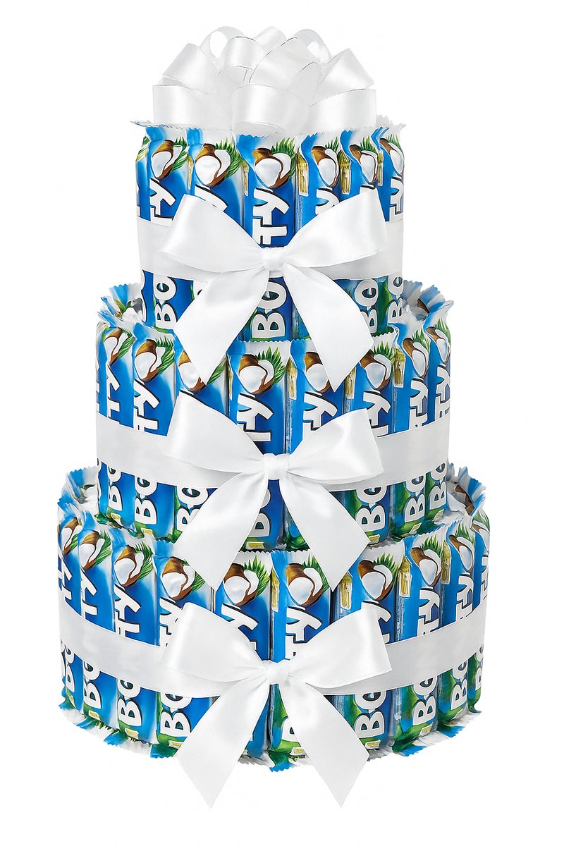 Luxe Bounty Chocolade Taart – 3-Laagse Kokos Chocoladecadeau met Satijnen Strikken