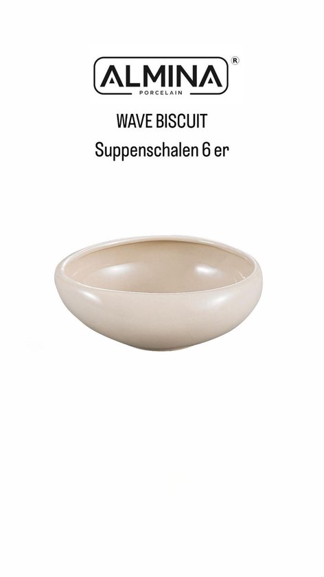 Bols à soupe Almina Wave Biscuit – Lot de 6 – Ø 15 cm – Porcelaine – Beige – Design moderne et Elegant
