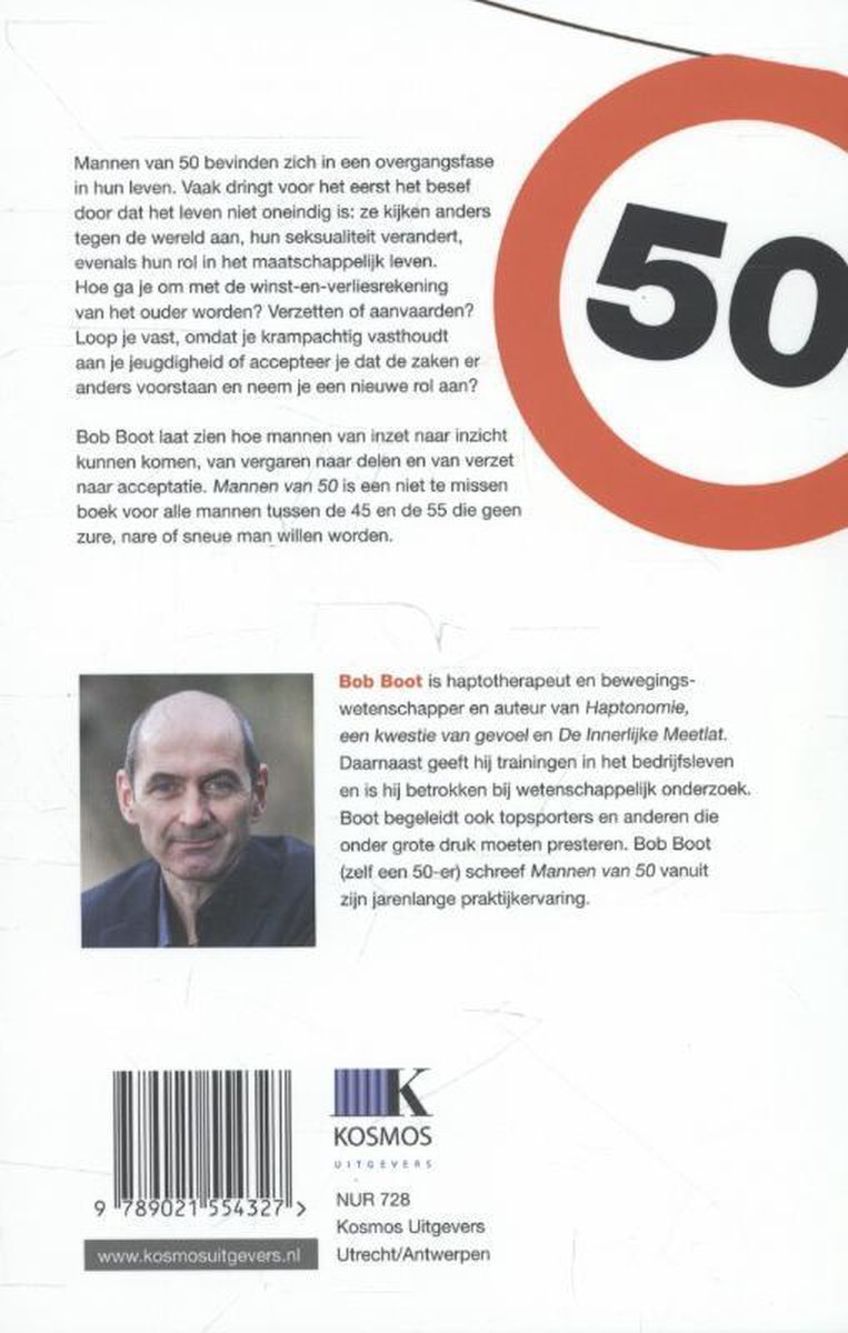 Achterkant van het boek 'Mannen van 50' met een portret van de auteur Bob Boot en uitgeverinformatie.