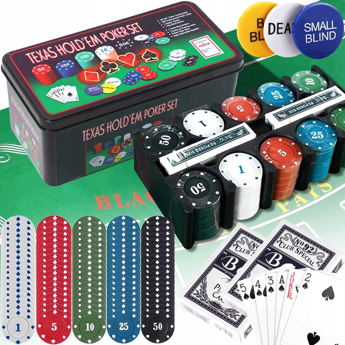 Poker Set Texas Hold'em: 2 Dekken Kaarten, 200 Chips, Mat, Dealer
