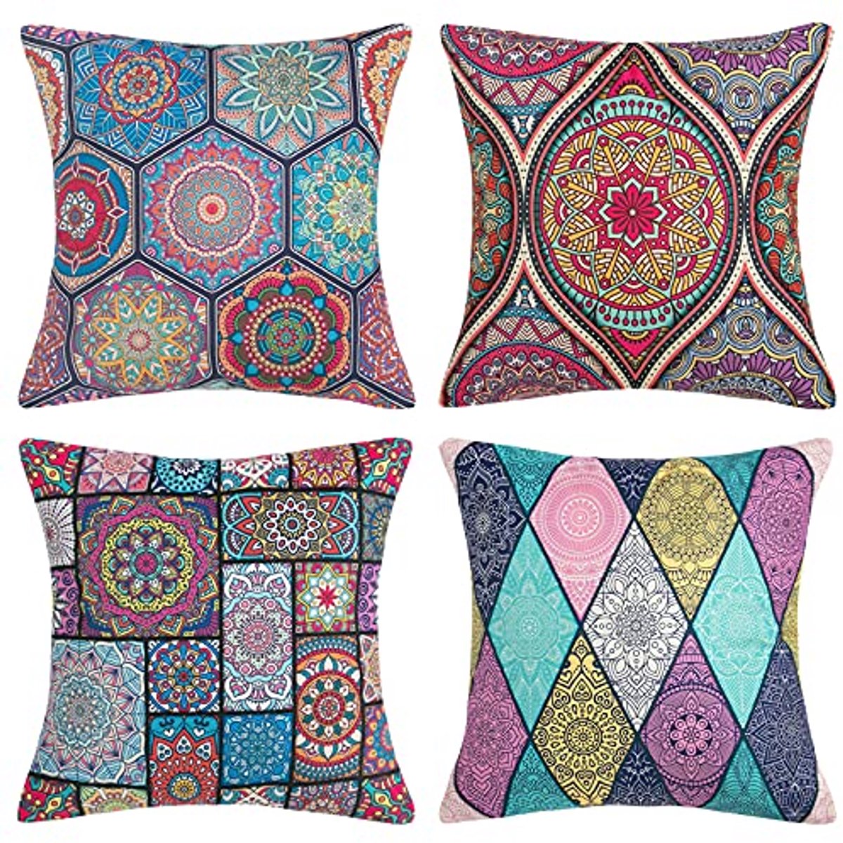 Set van 4 Mandala Kussenslopen - 40x40 cm - Hippie Boheems Design - Decoratie Kussenovertrekken voor Woonkamer, Slaapkamer, Tuin en Patio