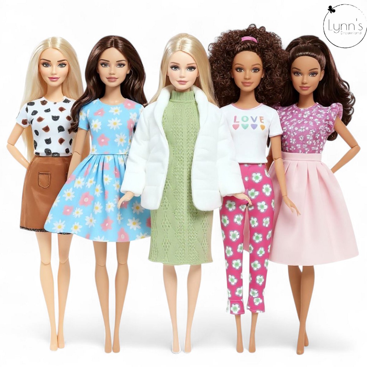 Lynn’s poppenkleertjes - Set ‘Eva’ - Geschikt voor (curvy) modepop - Set van 5 outfits - Jas, jurk, broek, shirt, rok - Cadeauzakje