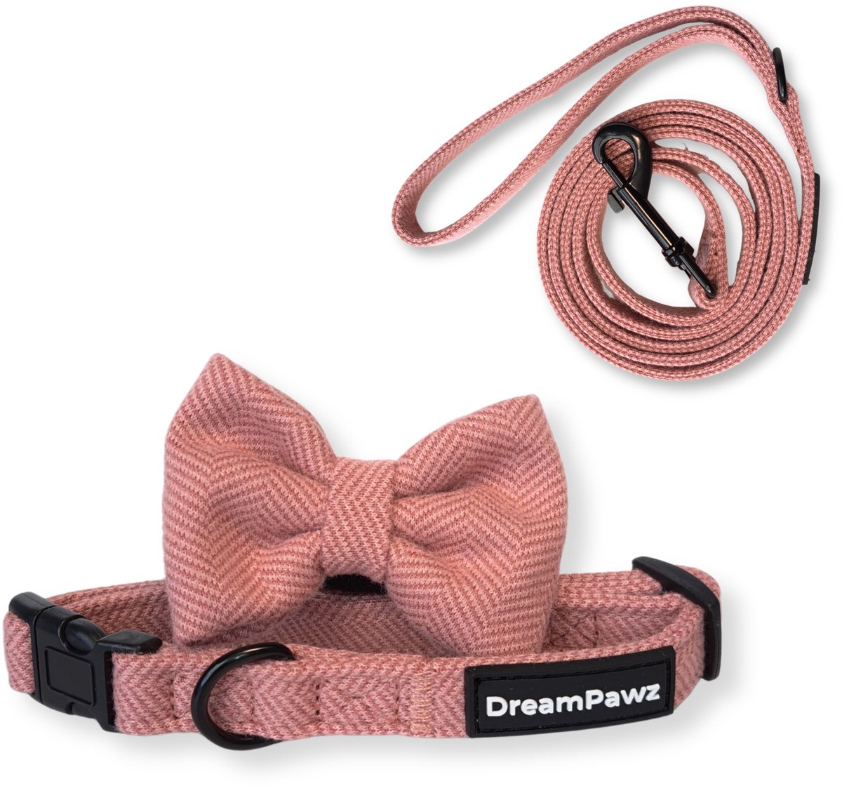 DreamPawz - 3-Delige Set van Halsband met Strik & Leiband - Visgraat - Kleine tot Middelgrote Honden - Roze - S