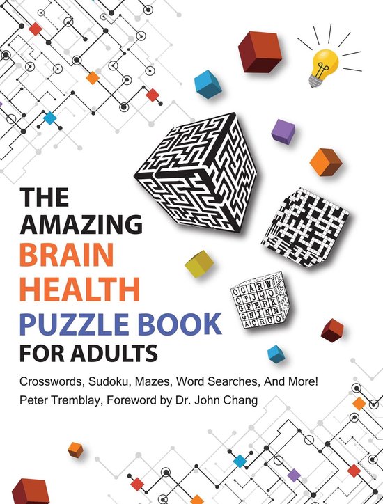 De omslag van 'The Amazing Brain Health Puzzle Book for Adults'. Een doolhofkubus, kruiswoordpuzzel en woordzoeker staan centraal.