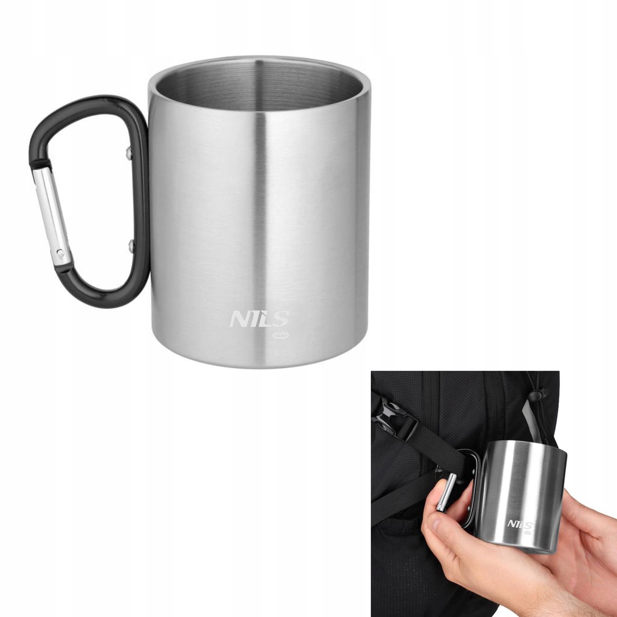 Nils Camp RVS Kampeerbeker met Karabijnhaak, 300ml, Zwart