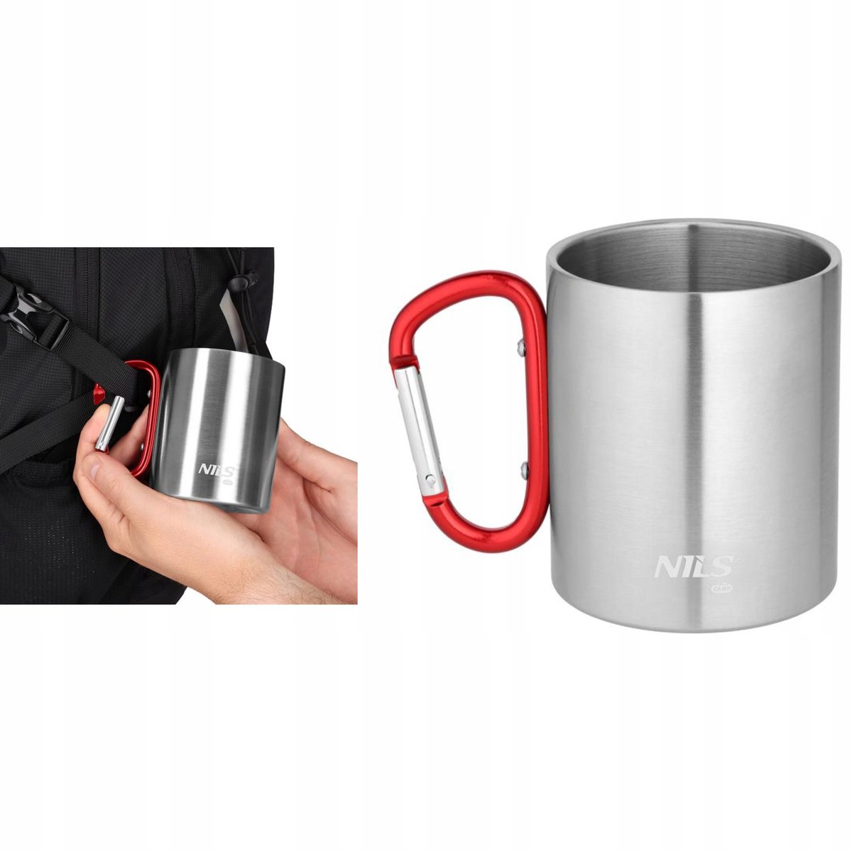 Nils Camp RVS Mok met Karabijnhaak - 300 ml, Rood