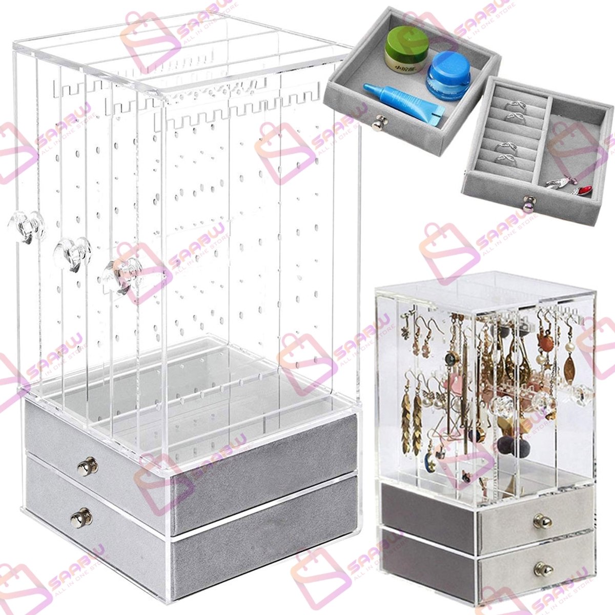 Sieraden organiser met Lades – Transparante Display – juwelendoos – 2 Lades + 3 Vitrinelades – sieradenhouder – sieradendoos meisjes – Grijs – juwelendoosje meisje – juwelenkistje – 37721
