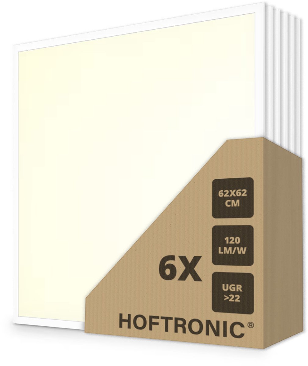 HOFTRONIC 6x LED Paneel - 62 x 62 cm - 36 Watt - 4320lm (120lm/W) - 3000K warm wit - Flikkervrij - UGR22 - 50.000 branduren - Incl. Philips Certa Drive driver