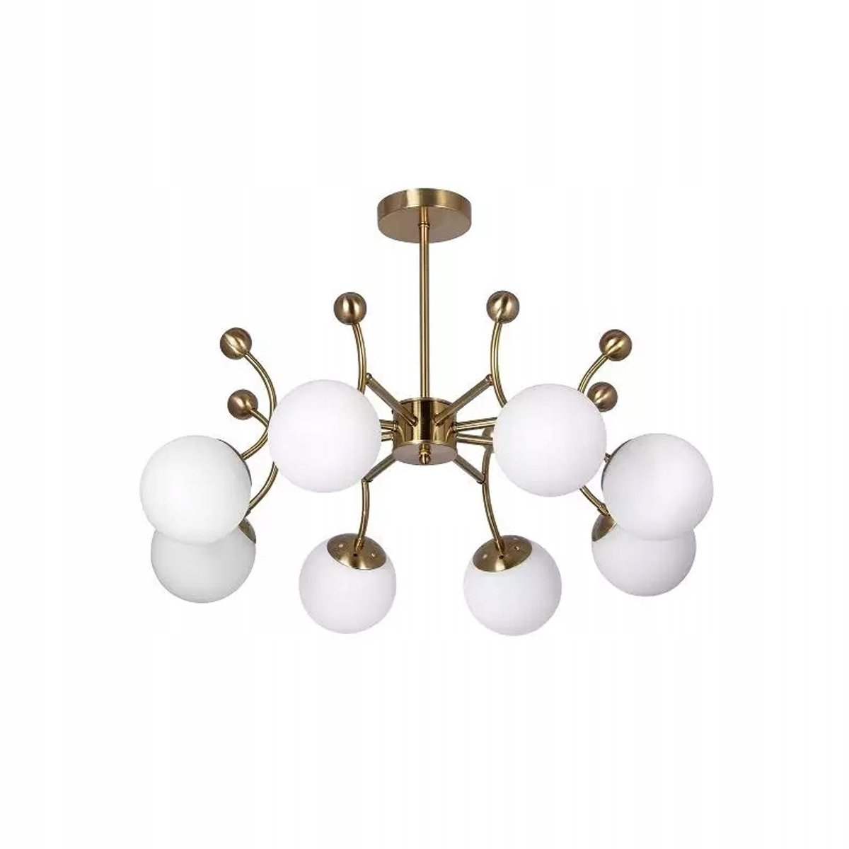 Gouden kroonluchter met witte bollen, ideaal voor boven de eettafel