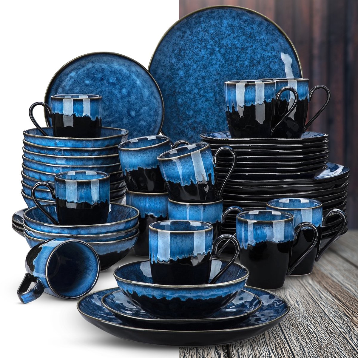 Luxe Serviesset – 48 delig – 12 persoons – Porselein - Bordenset – Dinner platen – Dessertborden - Kommen - Mokken - Schaaltjes - Blauw