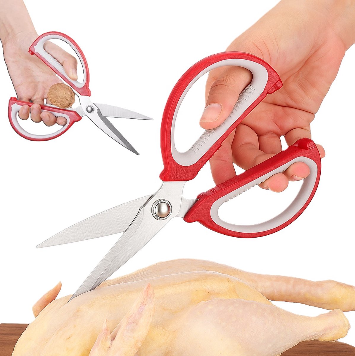 Ultra Scherpe Heavy Duty Schaar – 19,5 cm – RVS Getande Bladen & Ergonomische Antislip Handgreep – Multifunctioneel voor Stoffen, Karton, Kunststof & Draad – Rood/Zwart – Met Notenkraker – Professioneel & Duurzaam