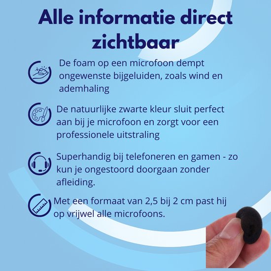 Voordelen van de Knaak microfoonwindkap: dempt geluid, zwarte kleur, handig voor telefoneren en gamen, formaat 2,5 x 2 cm.