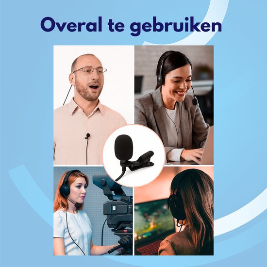 Collage van personen die microfoons gebruiken: een man met headset, een vrouw met headset aan laptop, een vrouw met videocamera, een persoon die game.