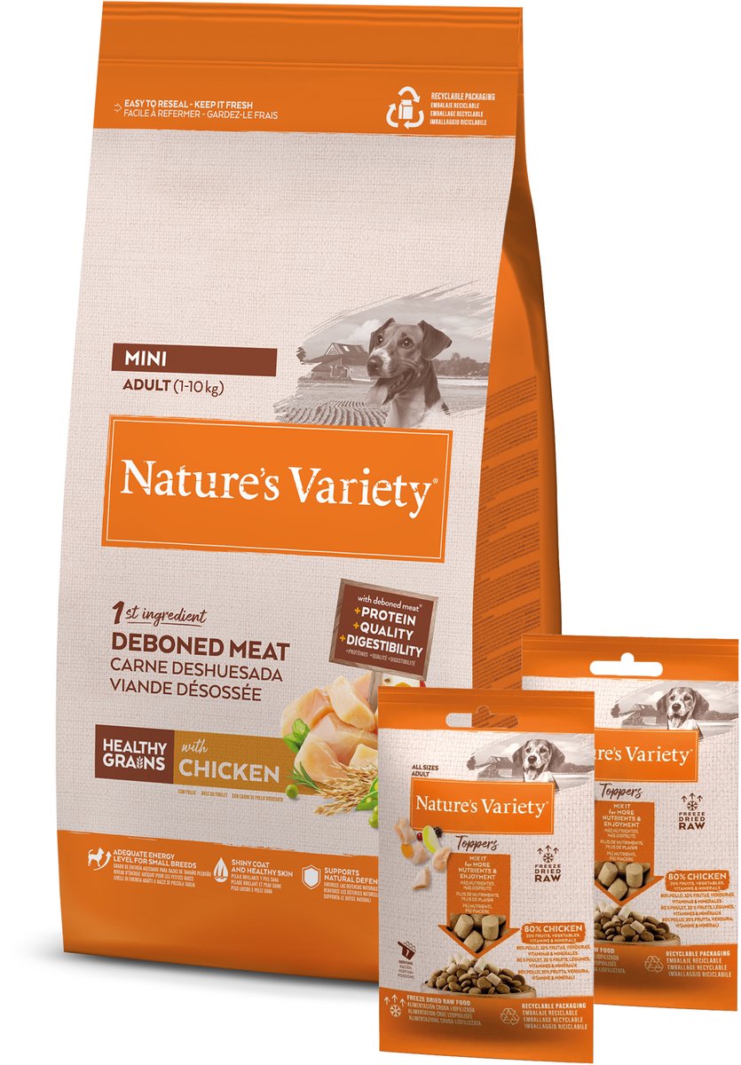 Hondenvoer Natures Variety - Mini Kip 1.5kg + 2x120gr Freeze Dried Toppers - Volledig en Natuurlijke Voeding