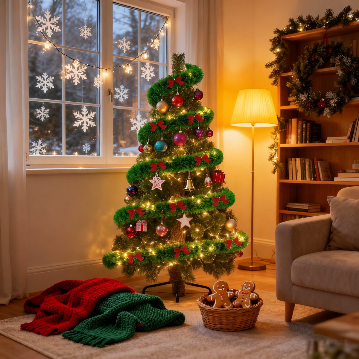 15m kerstslinger,dennenslinger met strikje, kerstslinger, kerstversiering, deurkrans voor deuren, trappen, kerstbomen, kerstboomversiering, feestelijke decoratie (groene rand)