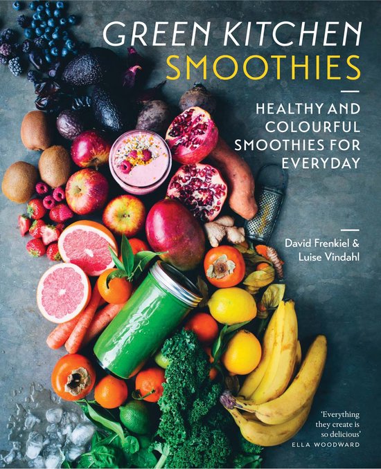 Boek 'Green Kitchen Smoothies' met een kleurrijke collage van fruit en groenten, waaronder bananen, kiwi's, aardbeien en bladgroenten.