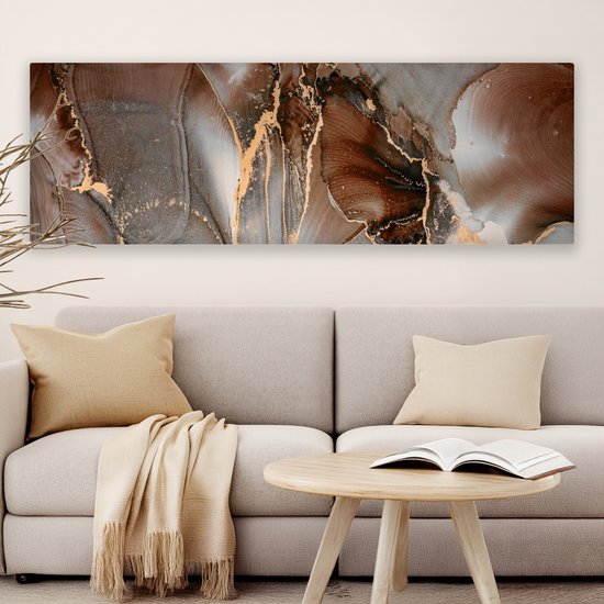 Canvas schilderij 150x50 cm - Wanddecoratie Grijs - Goud - Marmer - Marmerlook - Muurdecoratie woonkamer - Slaapkamer decoratie - Kamer accessoires - Schilderijen op canvas