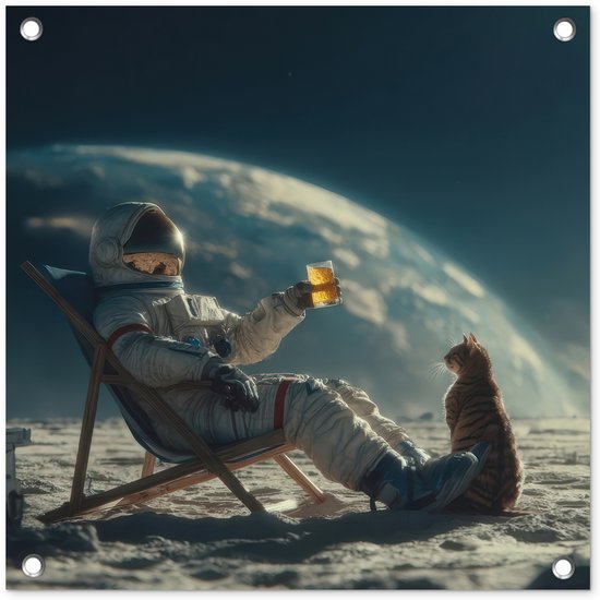 Tuinposter 50x50 cm - Tuindecoratie Astronaut - Kat - Glas - Stoel - Poster voor in de tuin - Buiten decoratie - Schutting tuinschilderij - Tuindoek muurdecoratie - Wanddecoratie balkondoek
