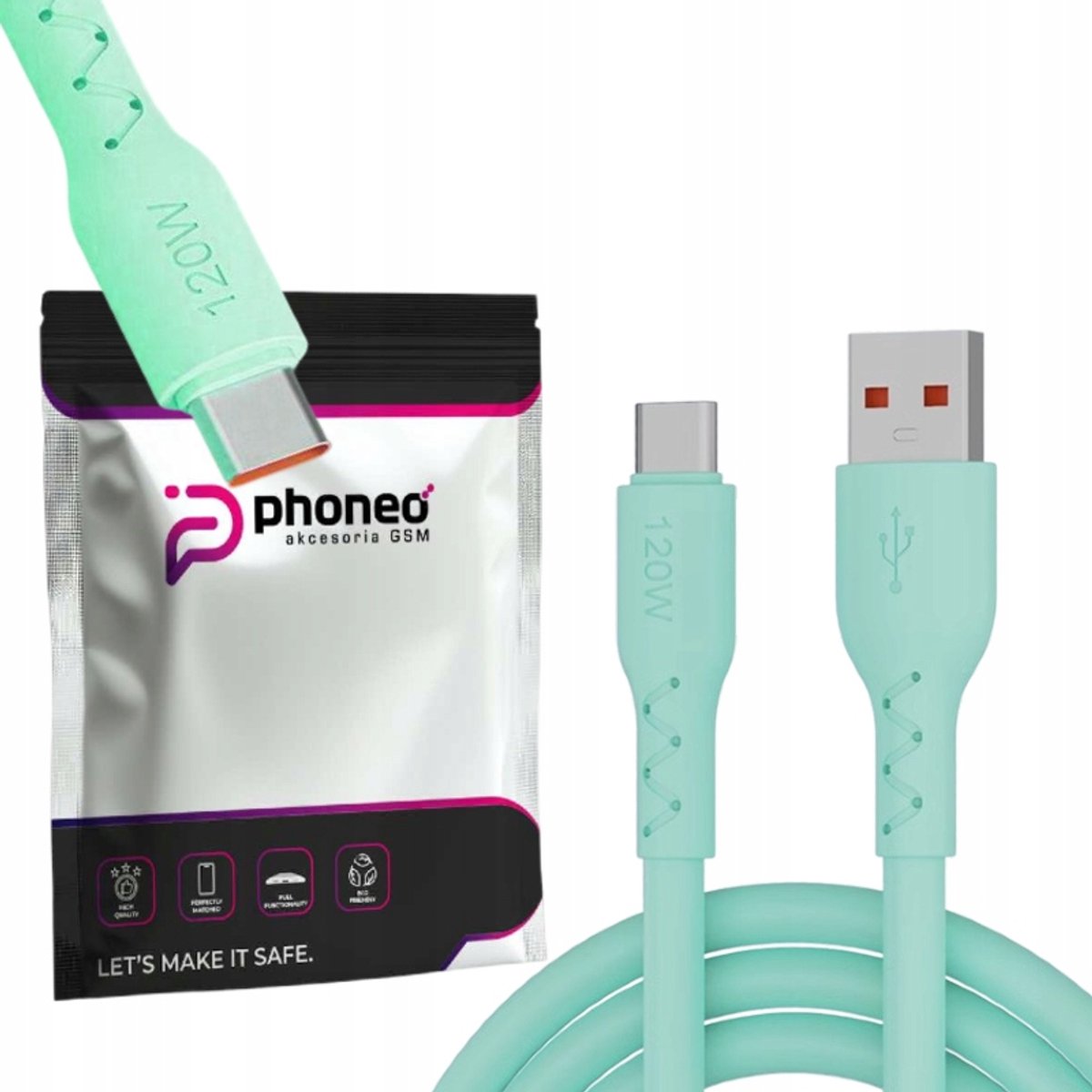 Phoneo USB-C Kabel 120W Snel Laden Groen 1M