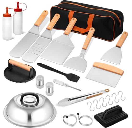 KOIUEYW Barbecuebestekset, BBQ-grillaccessoires met burgerpers, grillspatel, roestvrij staal, hamburgerbel, Smash Burgerset, plancha-accessoires voor grillen, teppanyaki, voor binnen en buiten (18