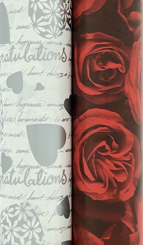 Luxe de la Saint-Valentin papier d'emballage papier cadeau - Avec coeurs rouges et roses rouges - 300 x 70 cm - 4 rouleaux