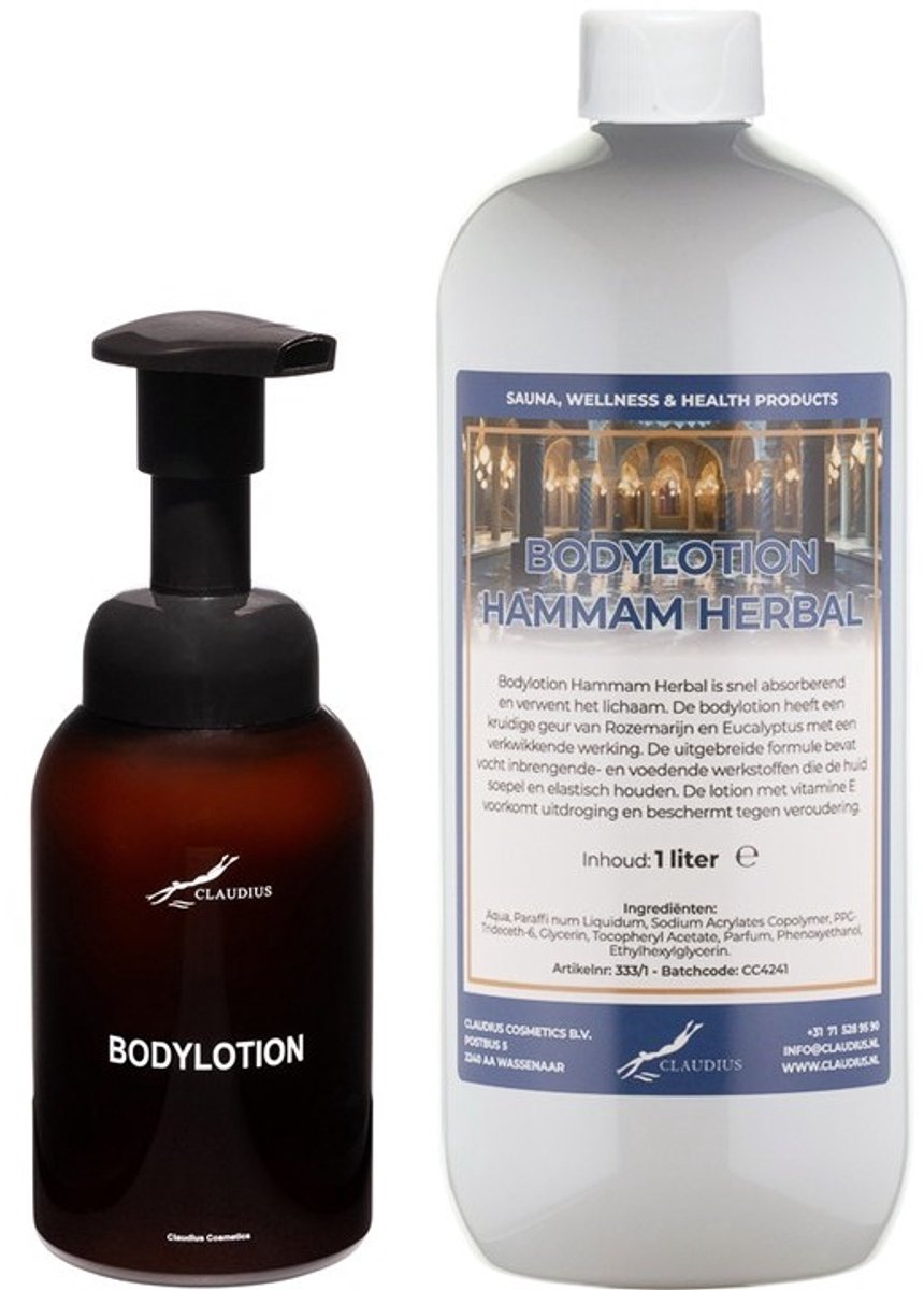 Zeepdispenser 300 ml amber bruin hervulbaar + 1 Liter Bodylotion Hammam Herbal navulling