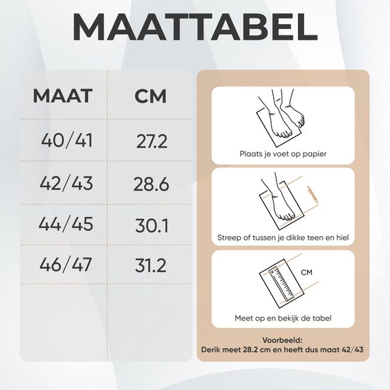 Tableau des tailles pour pantoufles, tailles 40/41 à 46/47 et centimètres correspondants. Instructions pour mesurer le pied.