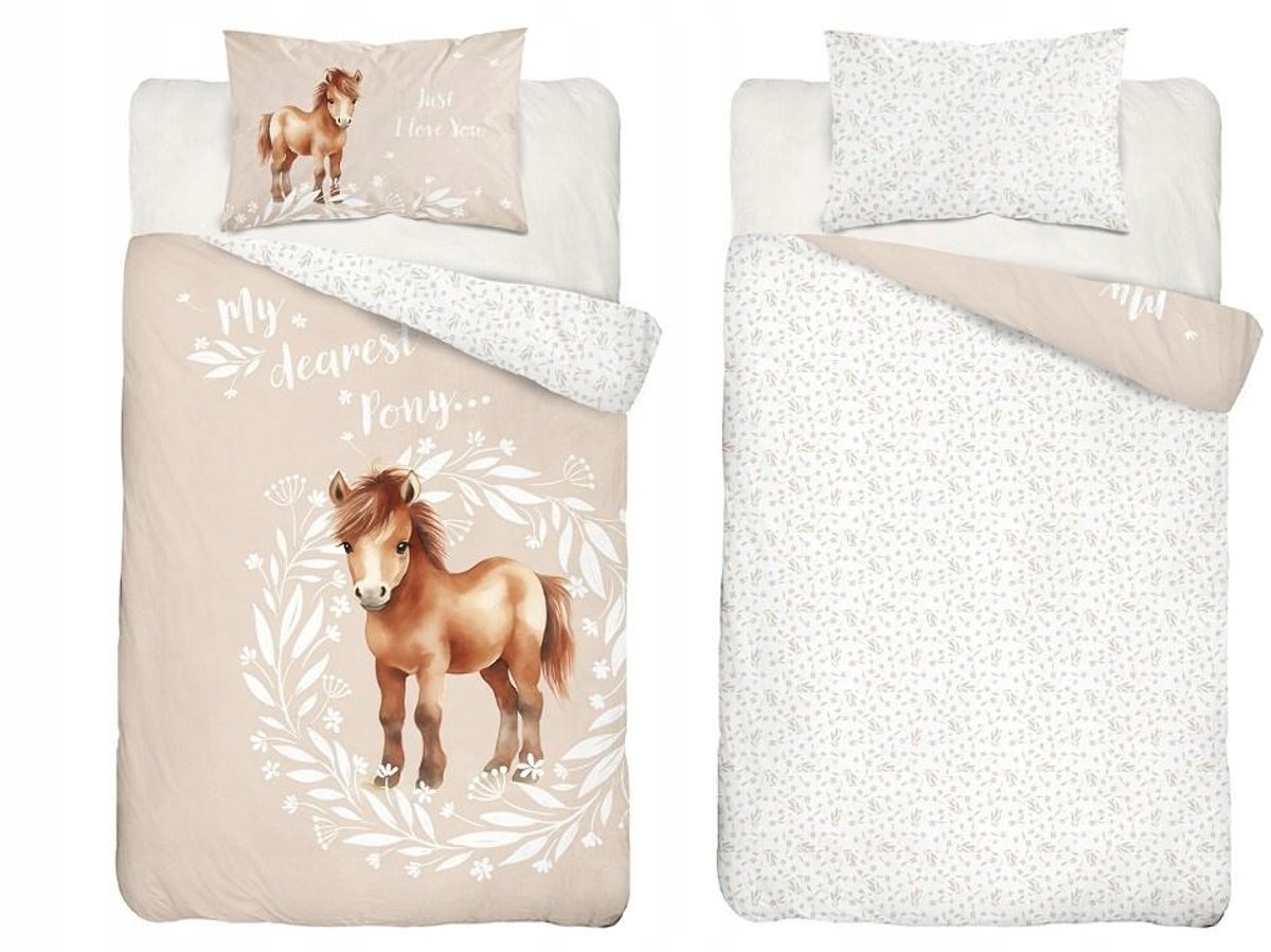 Kinderbeddengoed 90x120cm met Paardje - Katoen, Beige/Crème