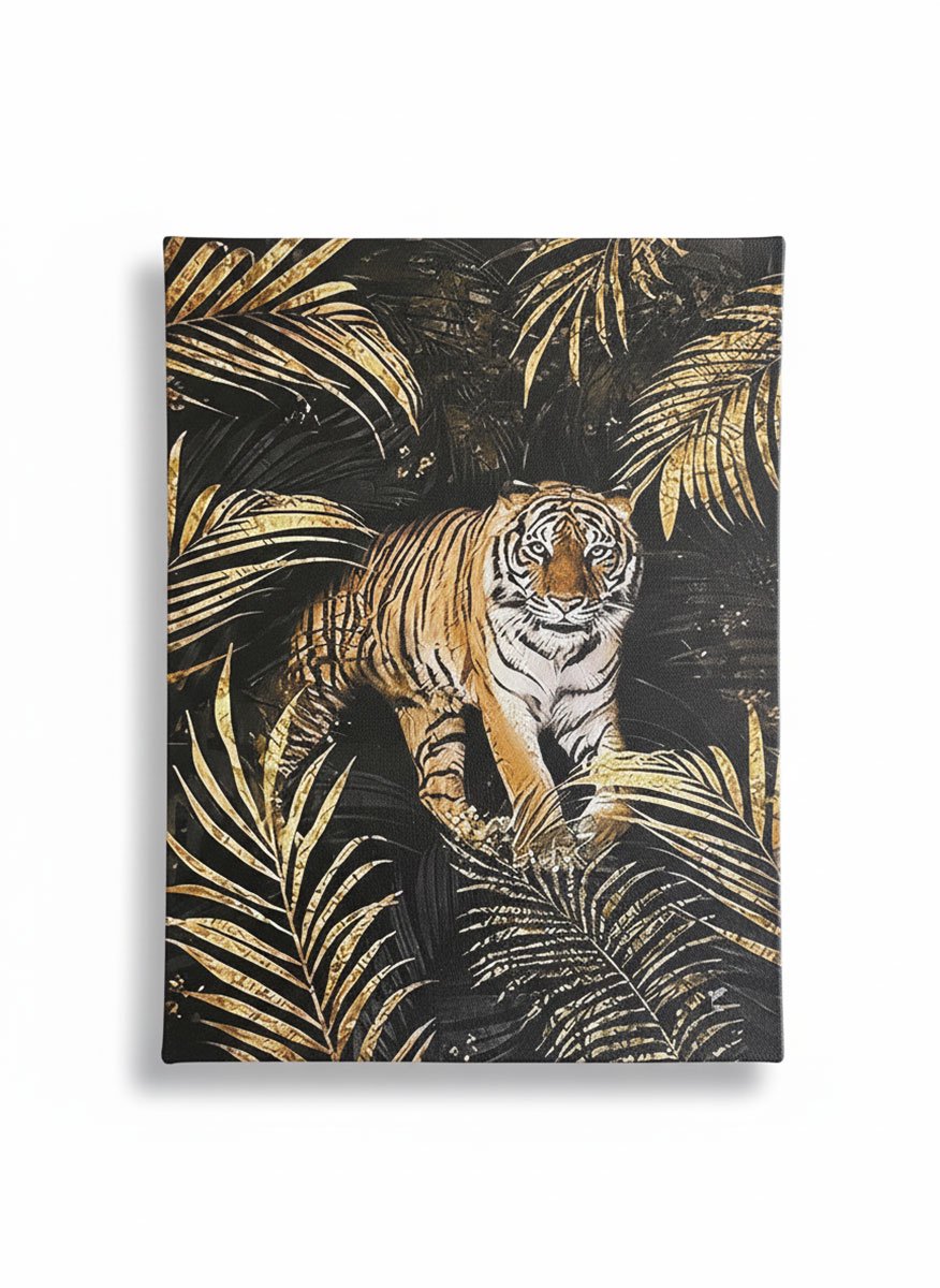 Eviva Home Deco Luxe Poster Tijger in Zwart-Gouden Jungle - Botanische Dierenprint - Krachtige Wanddecoratie