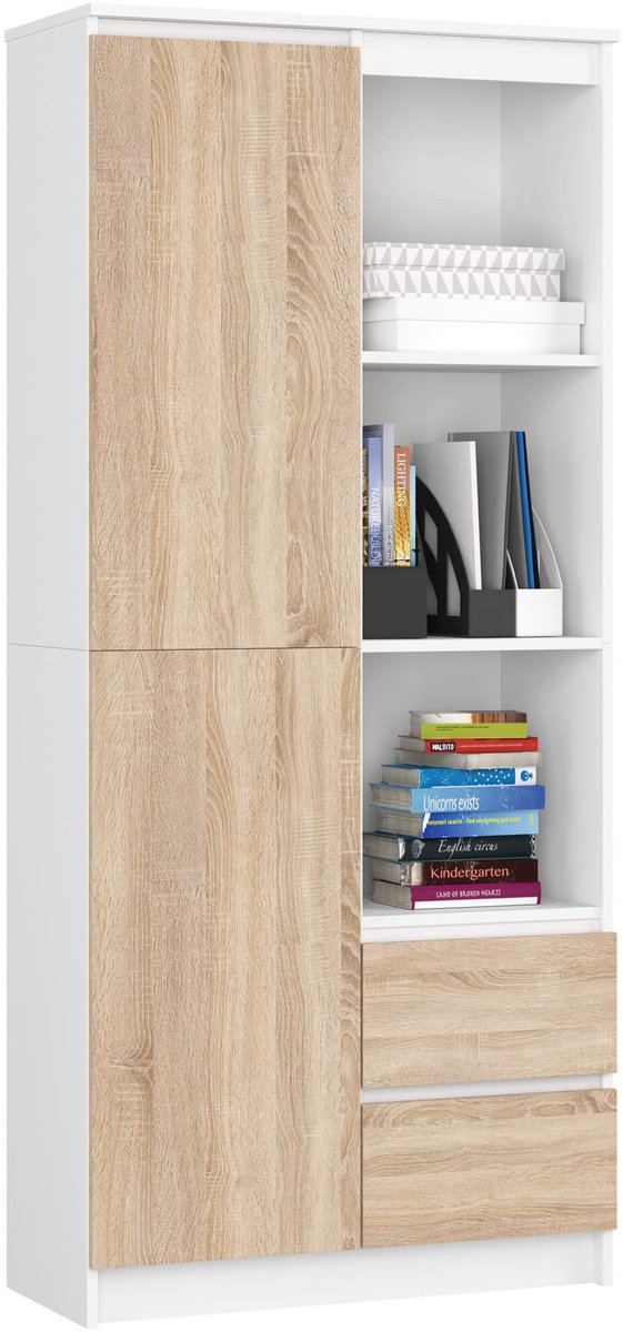 Kantoorkast R11 R80 met 2 Lades en 1 Deur / AKORD Furniture Factory / Wit – Sonoma Eik / 80 x 180 x 35 cm