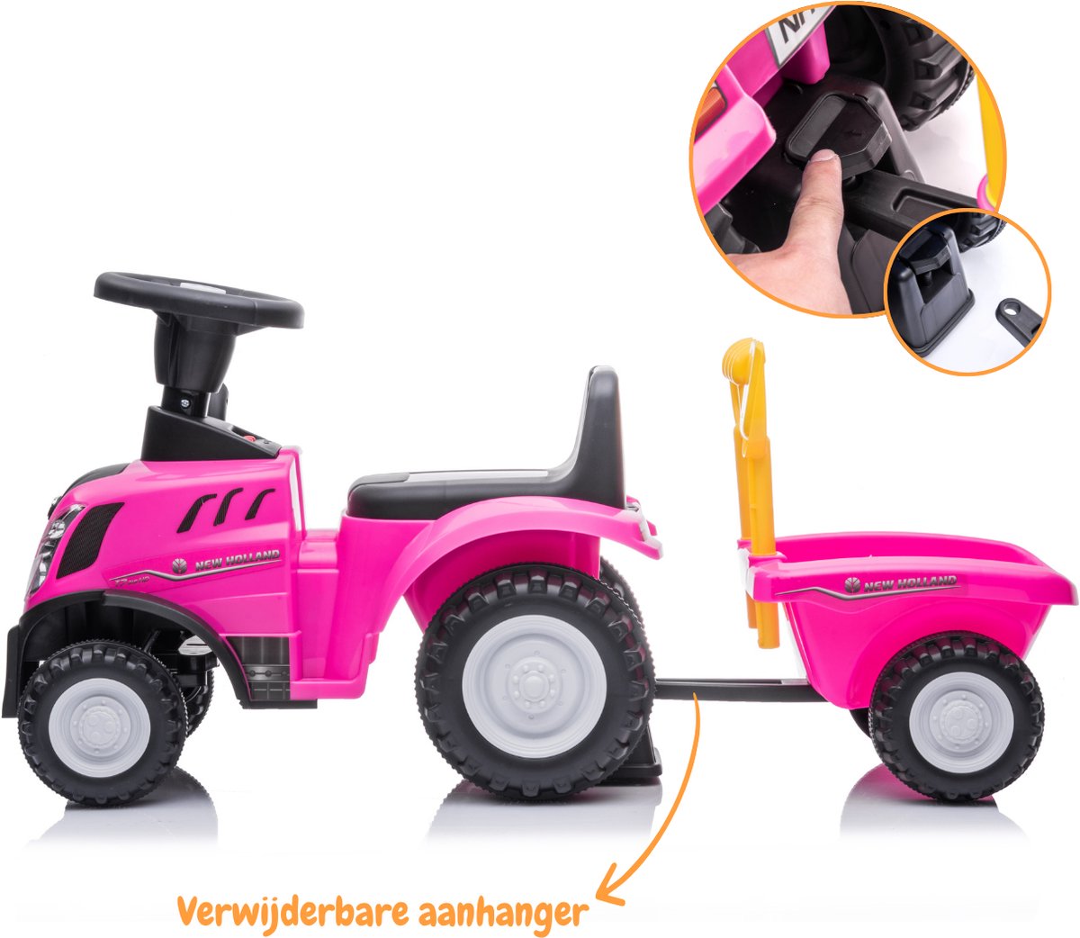 New Holland Loopauto Tractor 1 tot 3 jaar – Officieel Gelicentieerde Speelgoed Tractor met Aanhanger, Koplampen & Toeter – Buitenspeelgoed Peuter met Hark, Schep & Opbergbox – Roze — afbeelding 4