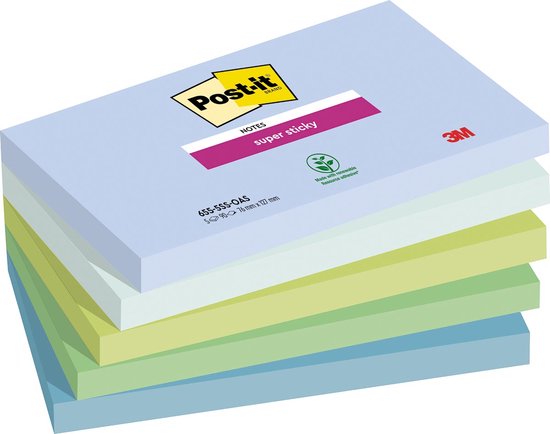 Stapel Post-it Super Sticky notities in zachte pasteltinten: lichtblauw, mintgroen, limoengroen, geel en wit. Verpakking met Post-it en 3M logo.