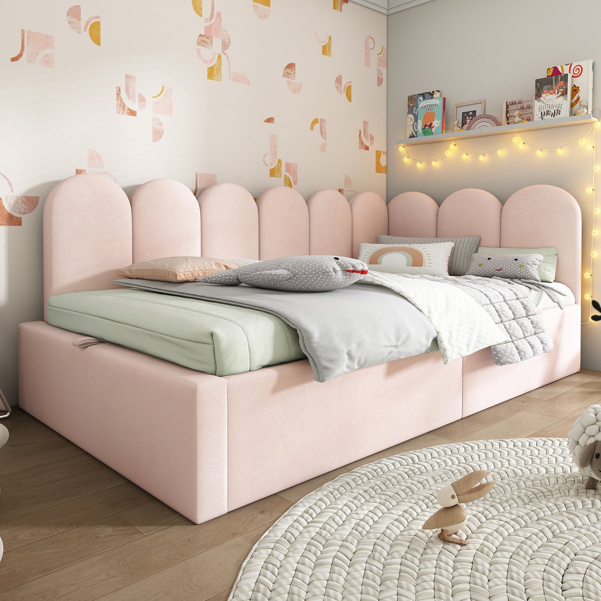 Gestoffeerd bed Daybed 90x200 cm, slaapbank met hydraulische opbergruimte - kinderbed met metalen lattenbodem - fluweel - roze - zonder matras