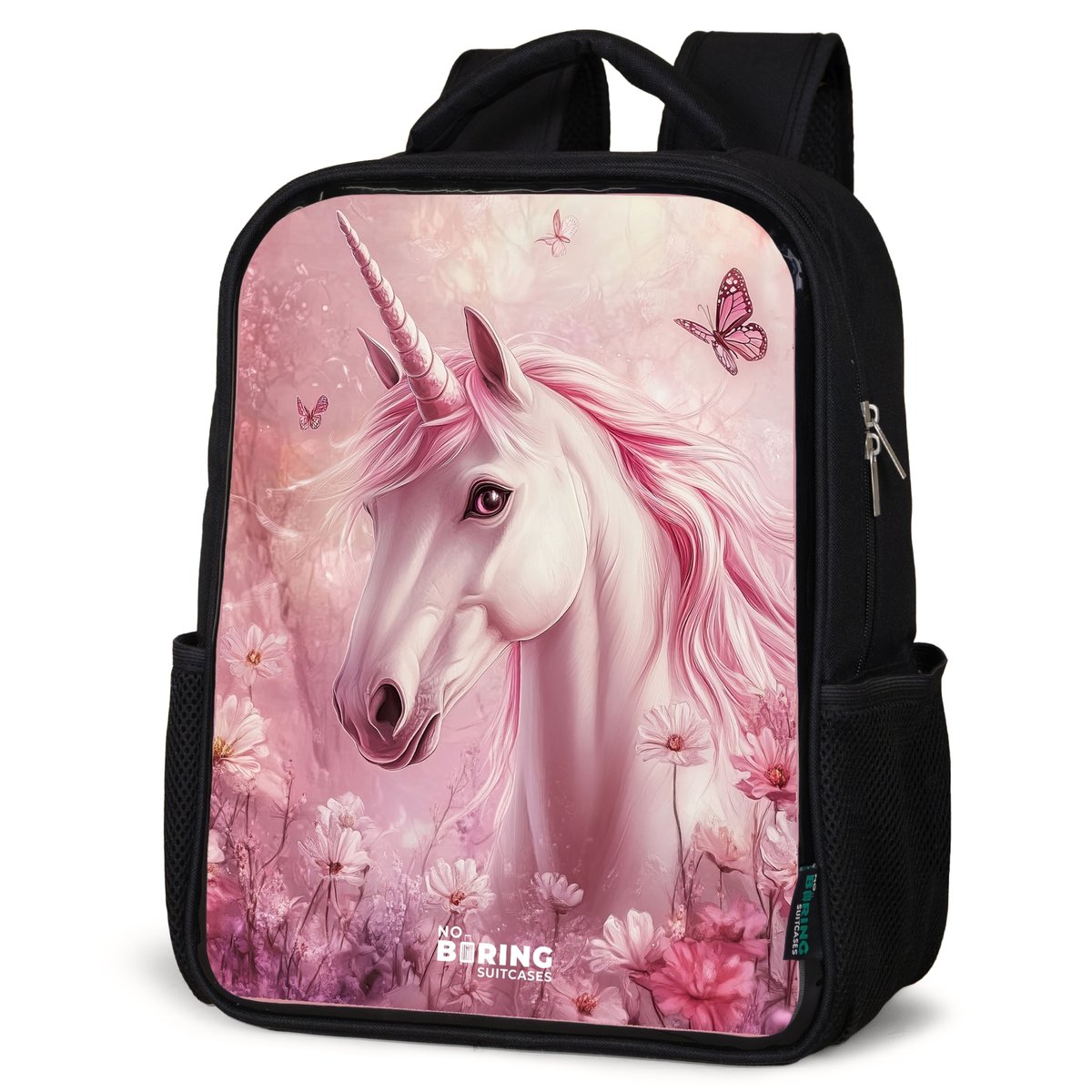 NoBoringSuitcases.com® - Rugzak zwart meisjes - Schooltas meisje - NoBoringSuitcases.com® - Rugzak zwart - Schooltas jongen & meisje - Eenhoorn - Roze - Vlinders - Bloemen - Rugtas voor school - Boekentas kind - Schoolrugzak - Kinderrugzak