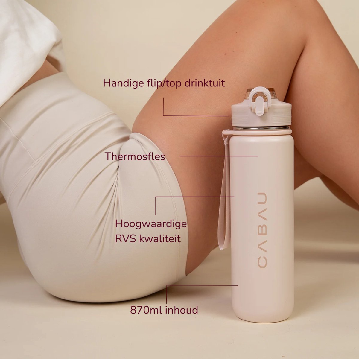 Bloom RVS Waterfles 870ml Beige - Geïsoleerde BPA-vrije & Lekvrije Thermosfles - Duurzame Herbruikbare Drinkfles met Schoonmaakborstel & Draagkoord - BPA vrij Sportfles Dames - Waterfles Volwassenen - Cadeau voor Haar van cabau — cadeau in Sport & Outdoor - foto 2