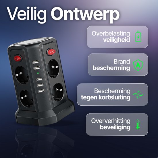 Zwarte stekkerdoos met 8 stopcontacten, 5 USB-poorten en 2 rode schakelaars, met tekst over beveiliging.