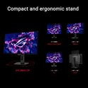 Afbeelding met uitleg over de compacte en ergonomische stand van de ASUS ROG monitor, met instellingen.