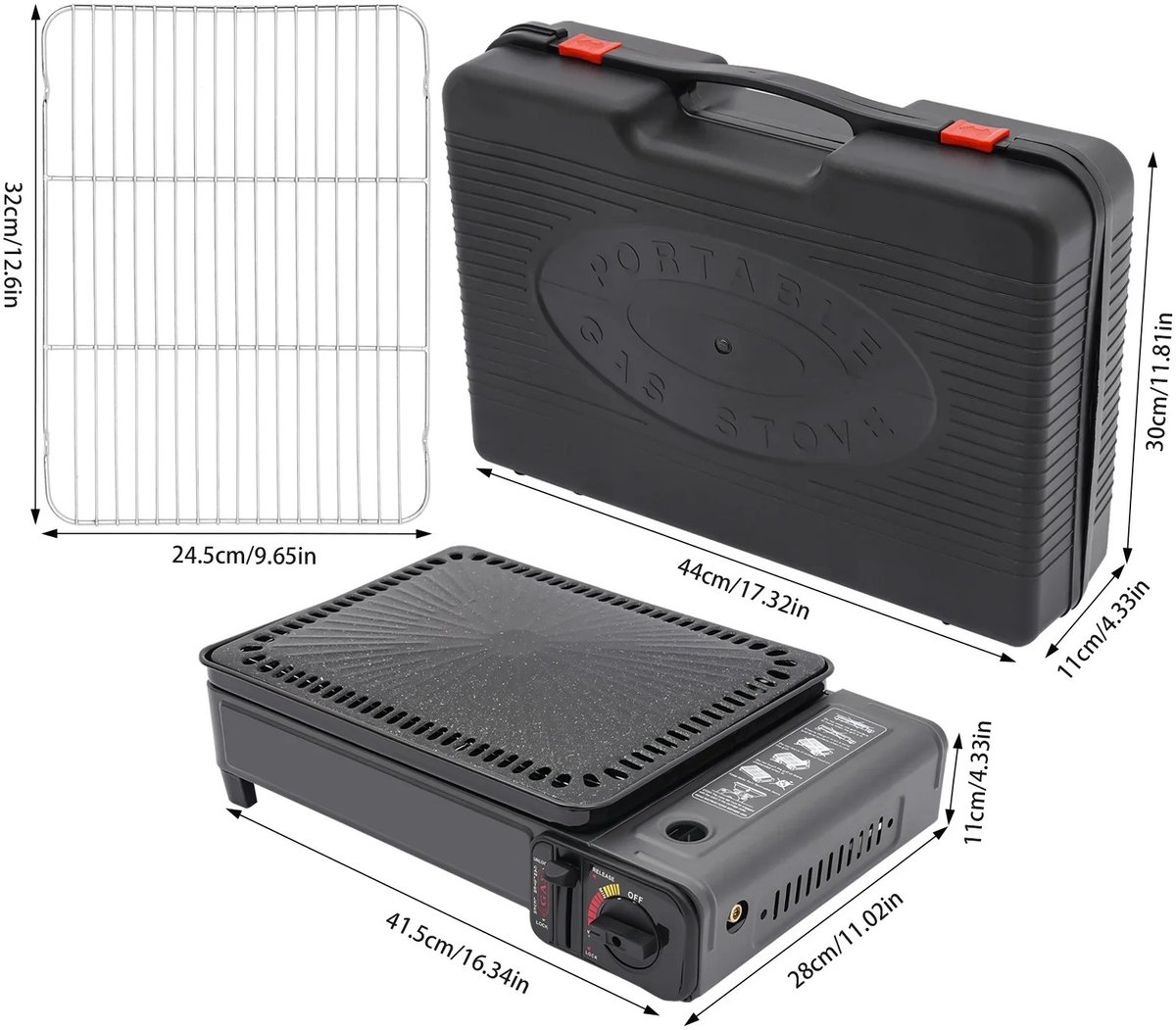 Aiverig® Camping Kooktoestel & Tafelgrill – Draagbaar Butaan Gaskooktoestel met Grillrooster – Butaan & LPG Aansluiting – Piezo-ontsteking, Vetlade & Opbergkoffer – Zwart – Voor Camping, Picknick & Tuin – 41,5×28×11 CM