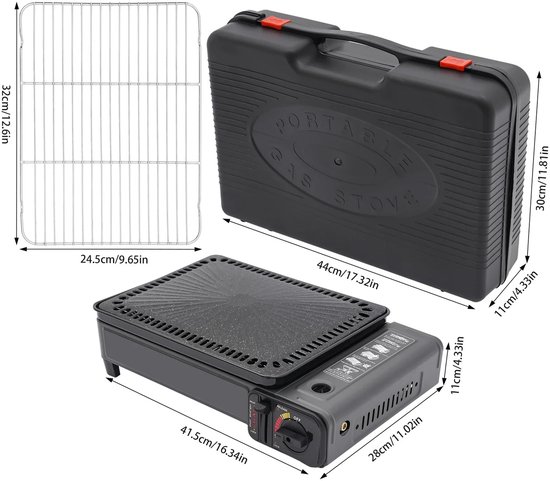 Camping Grill Set, Portable Cassette Grill with Grill Grates, Grill Pan Clamps, Camping Cookware, Gas Grill, Gas Hob with Case