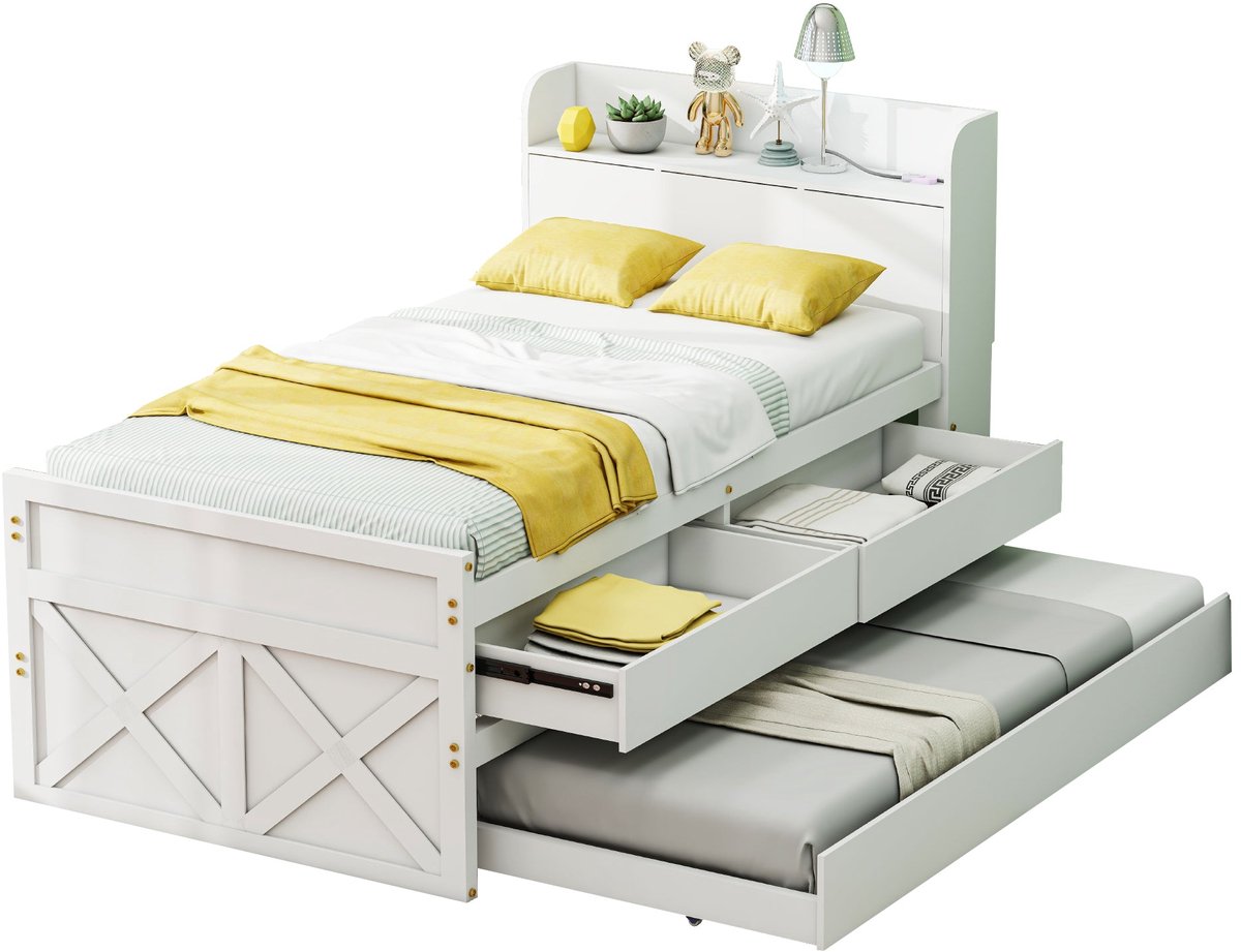 Merax Houten Eenpersoonsbed 90x190 cm met Extra Uitschuifbaar Bed - USB-Aansluiting en Opbergruimte - Wit