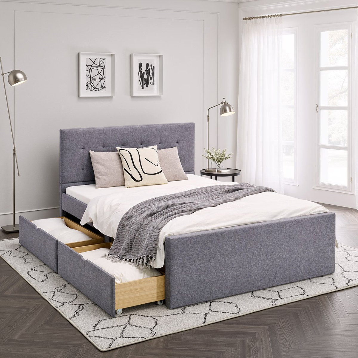 Homestyle4u Twijfelaarbedden -120x200 cm - Gestoffeerd bed - met opbergruimte - Grijs