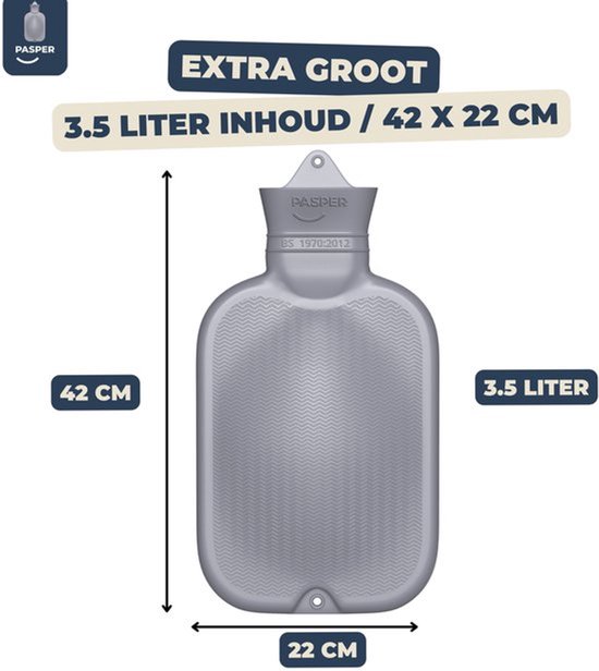 Pasper XXL kruik met hoes 3.5 liter - naadloos ontwerp - warmwaterkruik - 8 uur warmte - grijs - kruikzak