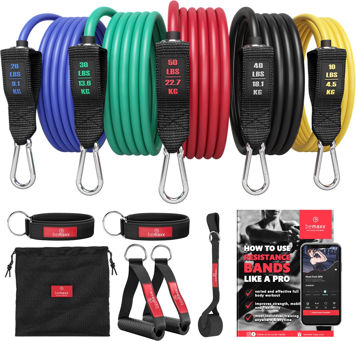 bemaxx Resistance Bands Weerstandsbanden Fitness Set + Trainings eBook - Expander Tubes - Elastische Work-Out Power Weerstand Banden: 5 Elastiek, Handvaten, Deuranker, Enkelbanden | Krachttraining Gym