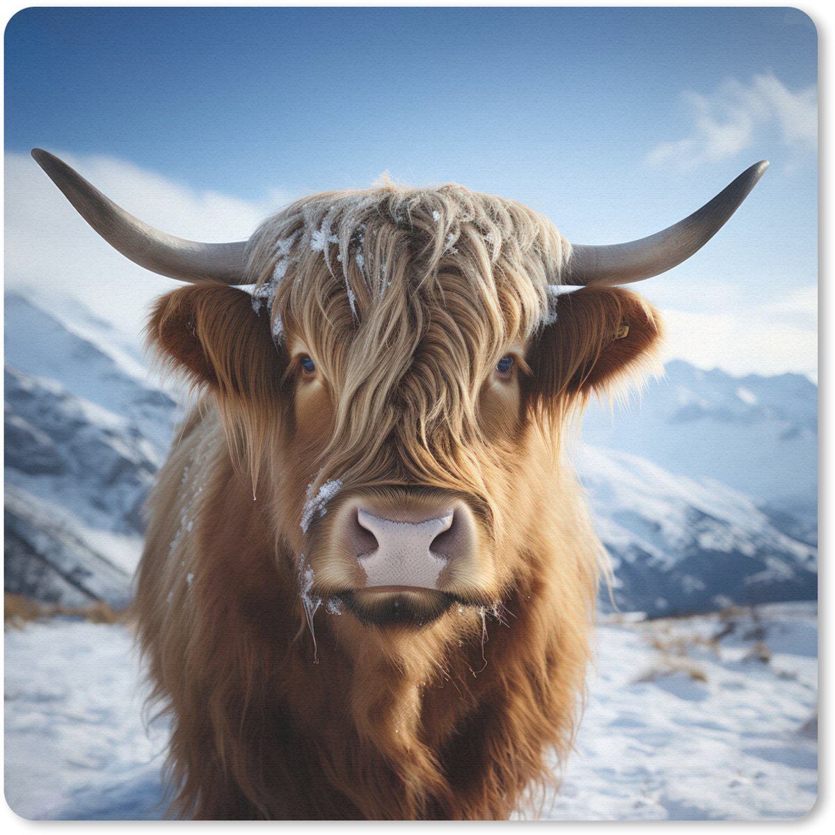 Muismat 30x30 cm - Mousepad Schotse hooglander - Bergen - Sneeuw - Muismatten