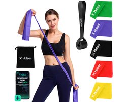 Hulser Lange Resistance band set 6-delig - Met Deuranker - 4,5 tot 27 kg - 200 cm - Met digitale startgids - Stretch elastiek - Fitness weerstandsband - Thera band - Theraband - Weerstandselastiek - Pilates bands - Oefenband